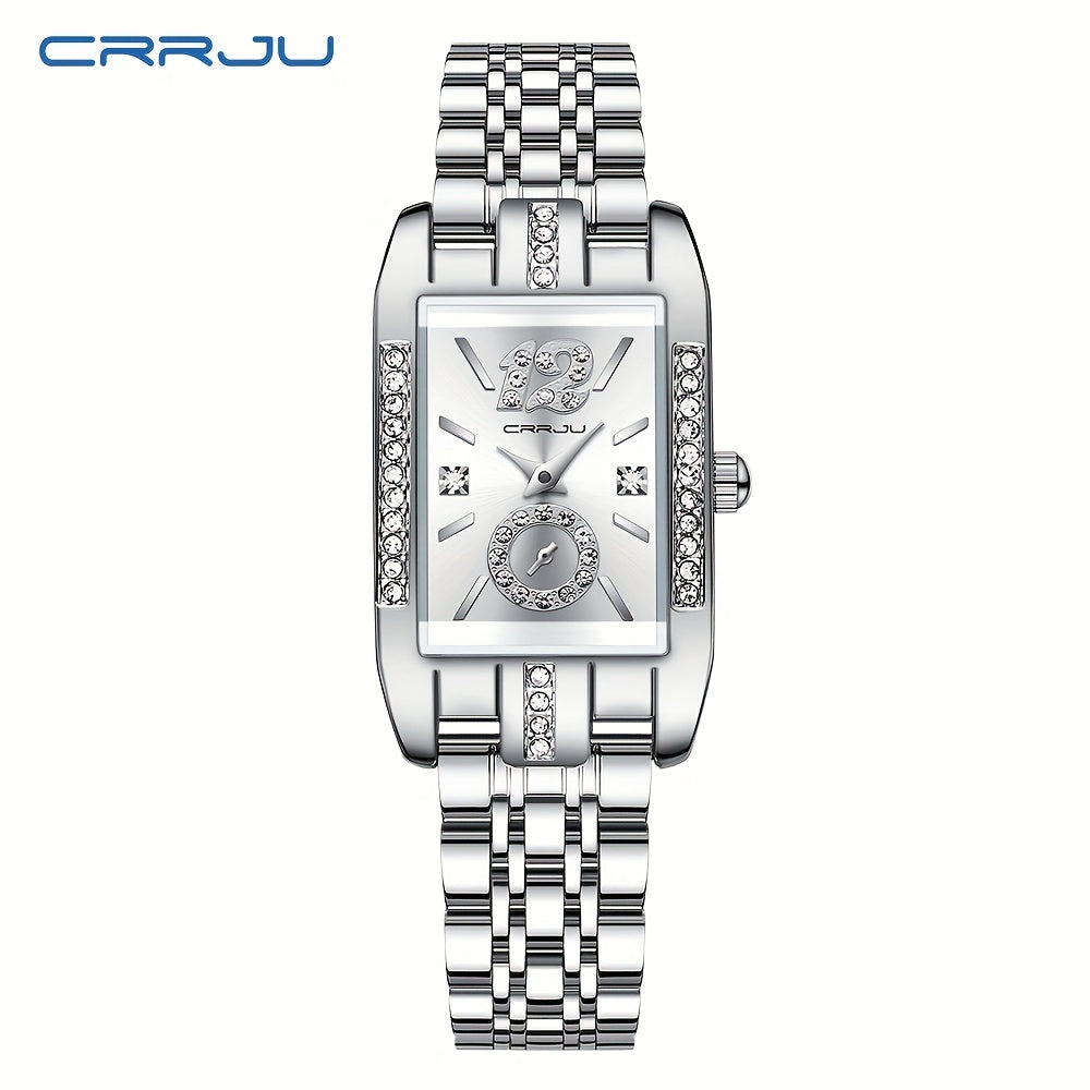 Stainless Steel Women's Luxury Watch, Elegant Rectangle Pointer Analog Quartz Rhinestone WR Wrist Watch