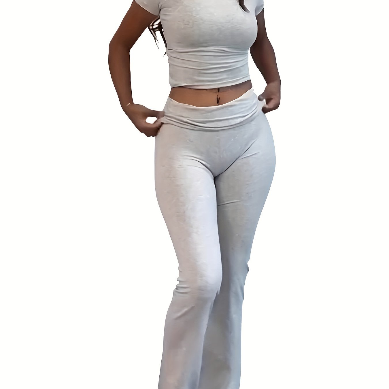 Women's Casual Slim Fit Two-Piece Pants Set – Short Sleeve Crew Neck T-Shirt & High Stretch Flared Leg Sport Pants Outfit