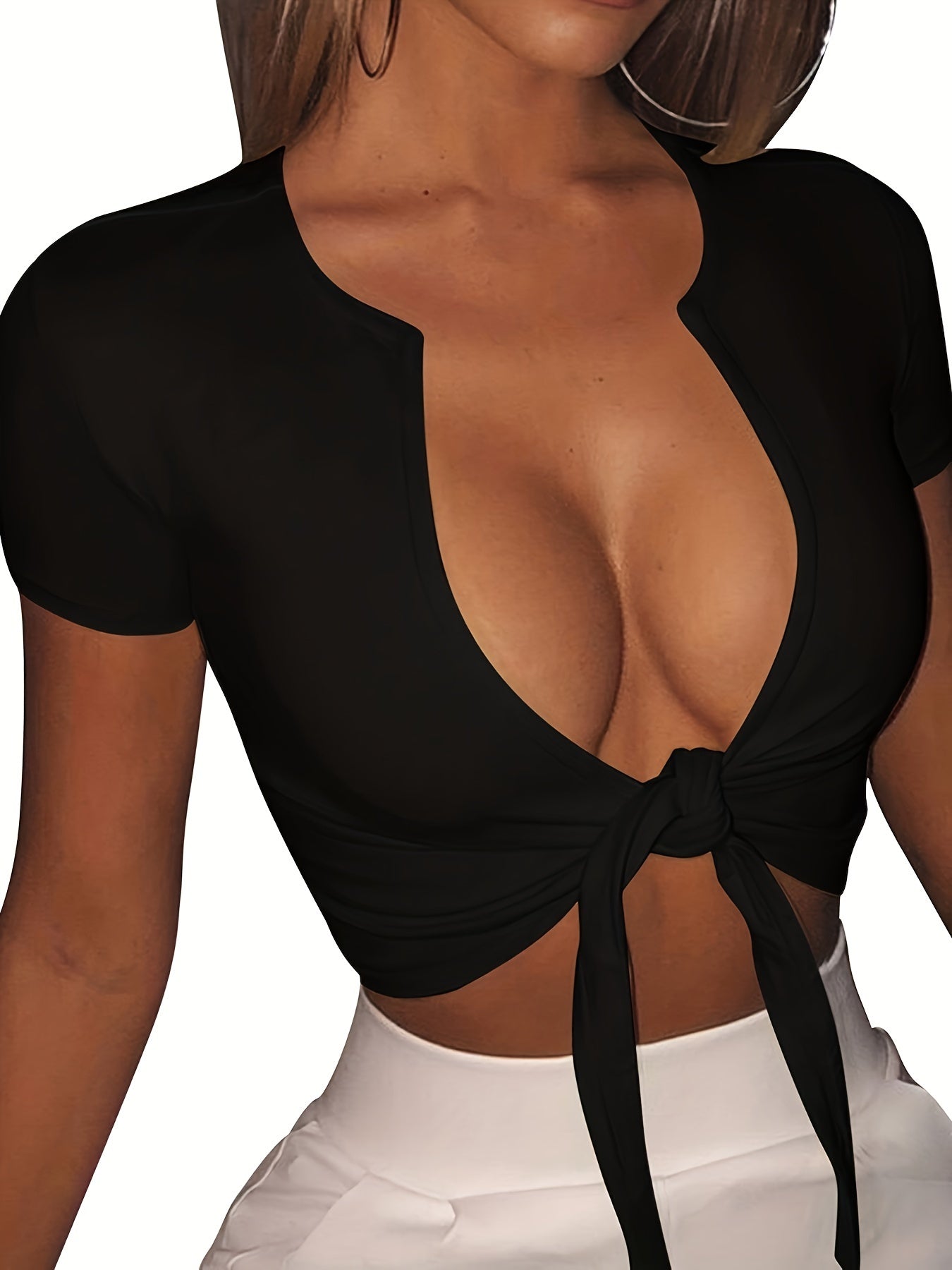 Tie Front Crop Short Sleeve T-shirt, Sexy Solid Color Top For Spring & Summer, Women's Clothing