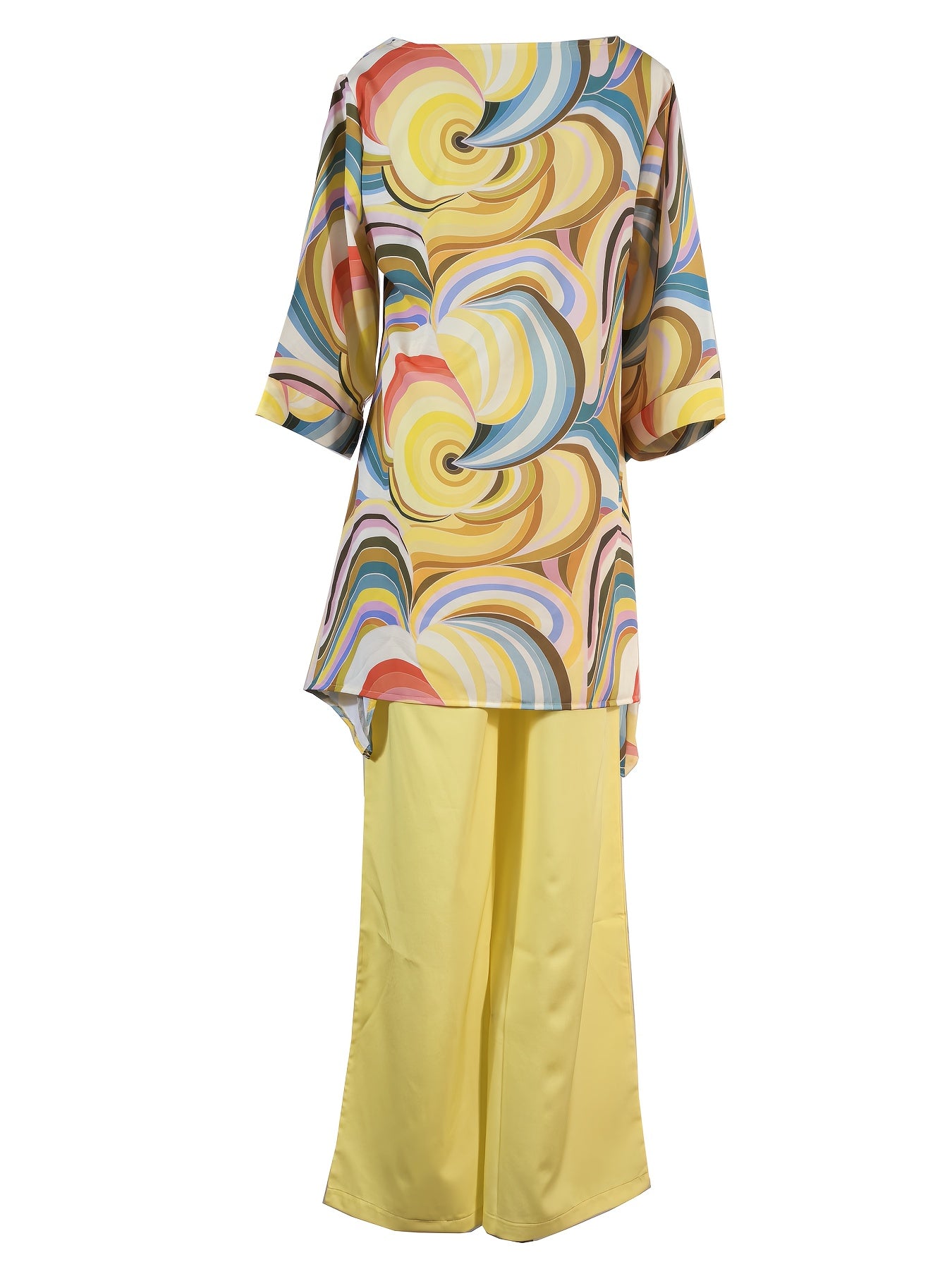 Women'S Vibrant Yellow & Multicolor Swirl Print Two-Piece Set - Loose-Fitting Long Sleeve Top & Wide-Leg Pants, Casual Spring/Summer Outfit, Polyester Blend, Casual Wear|Vibrant Print Top|Polyester Fabric
