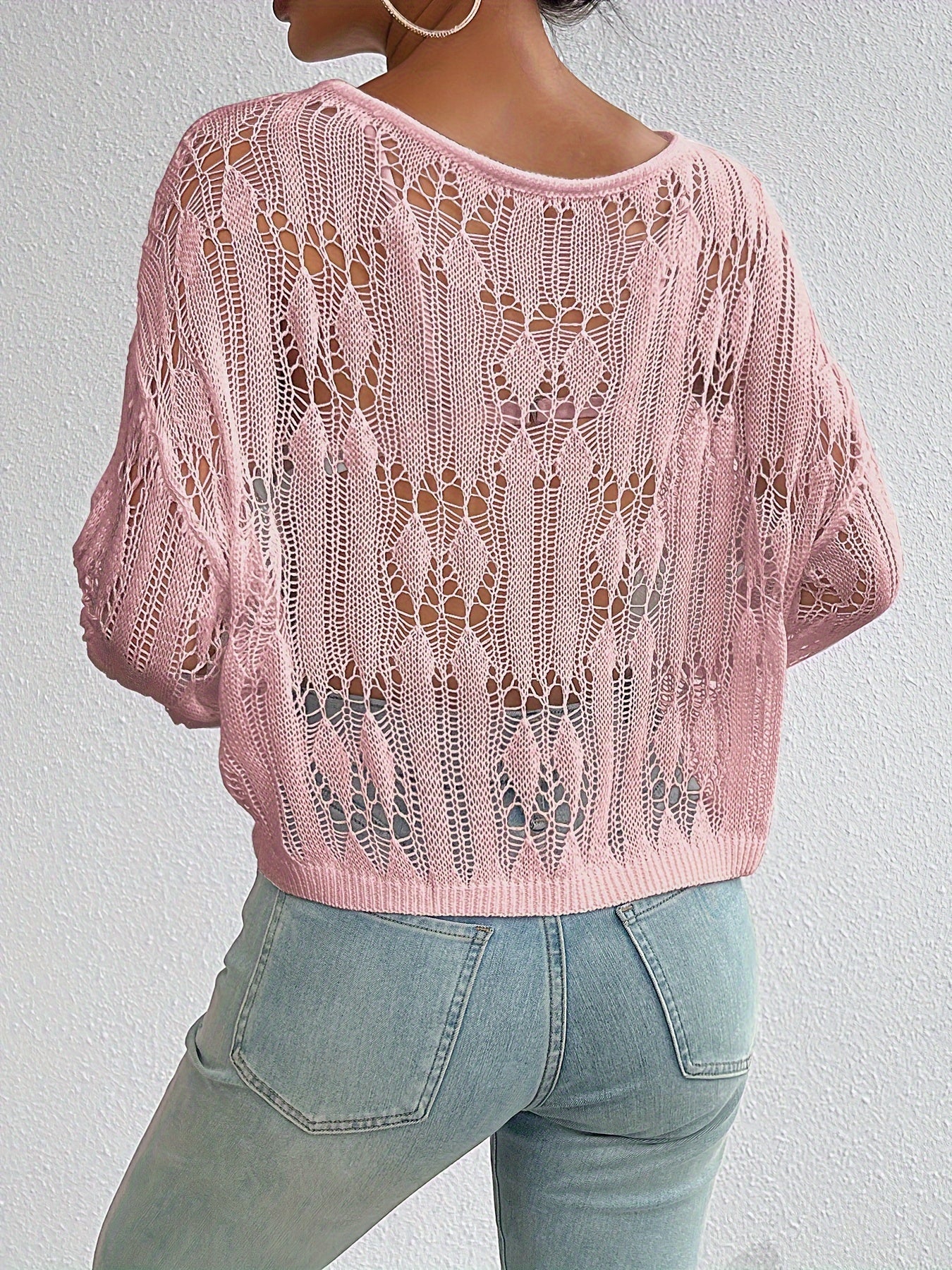 Versatile Women's Crew Neck Long Sleeve Loose Knit Sweater, Solid Hollow Out Top for Everyday Wear