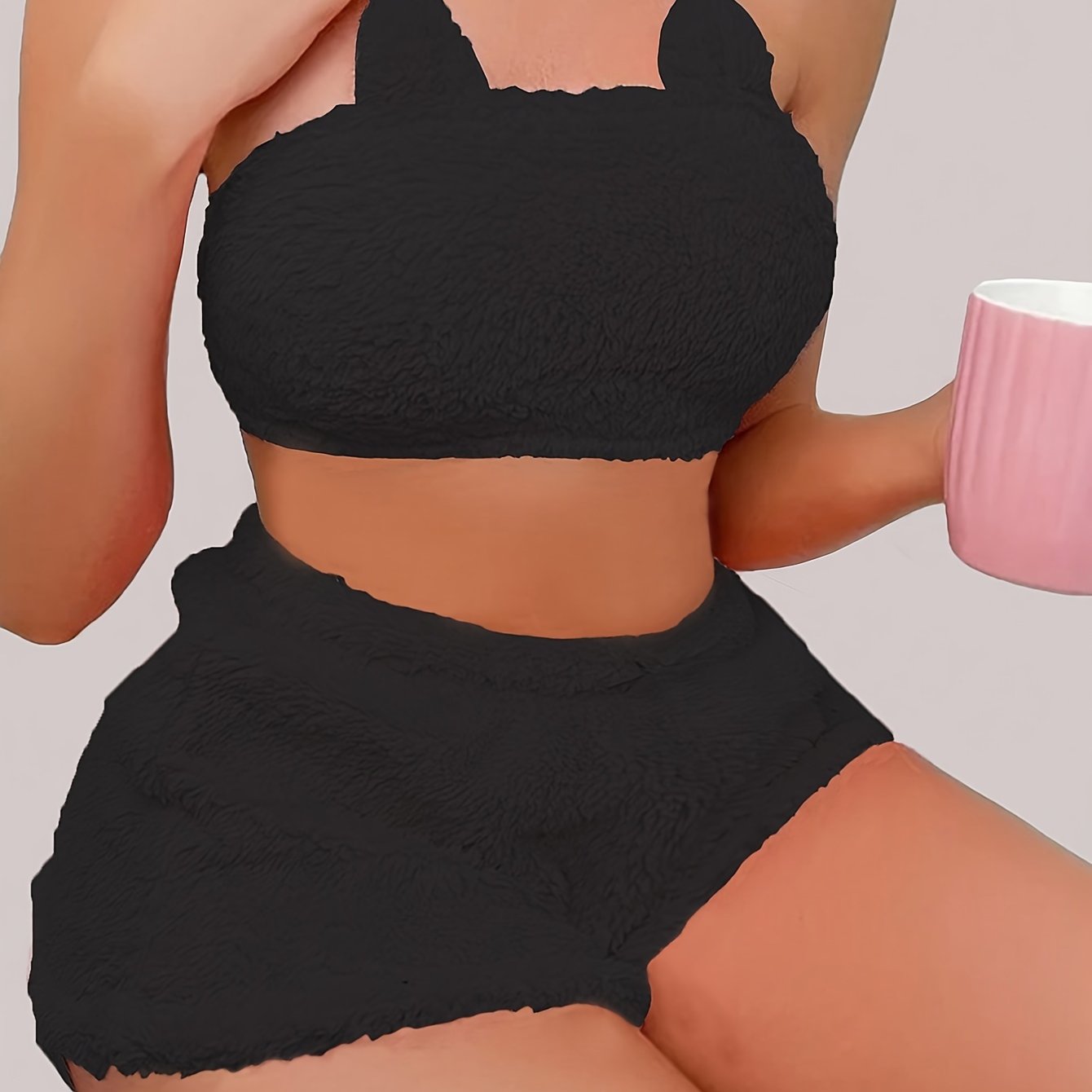 Plush Lounge Set - Sexy Solid Tube Crop Top & Elastic Shorts - Women's Fall & Winter Loungewear