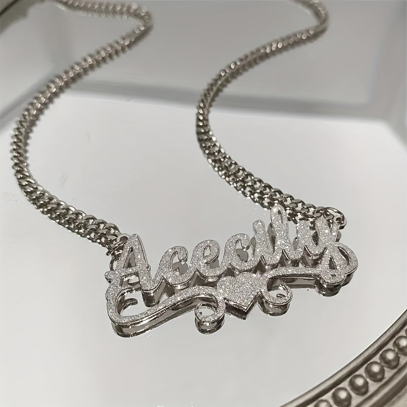 1pc Custom Stainless Steel Name Necklace – Personalized Frosted Letter Pendant with Sparkling Accents, Unisex Cuban Link Chain Jewelry Gift for Casual Attire or Special Occasions, Gift Item Jewelry | Bohemian Chic | 18K Gol