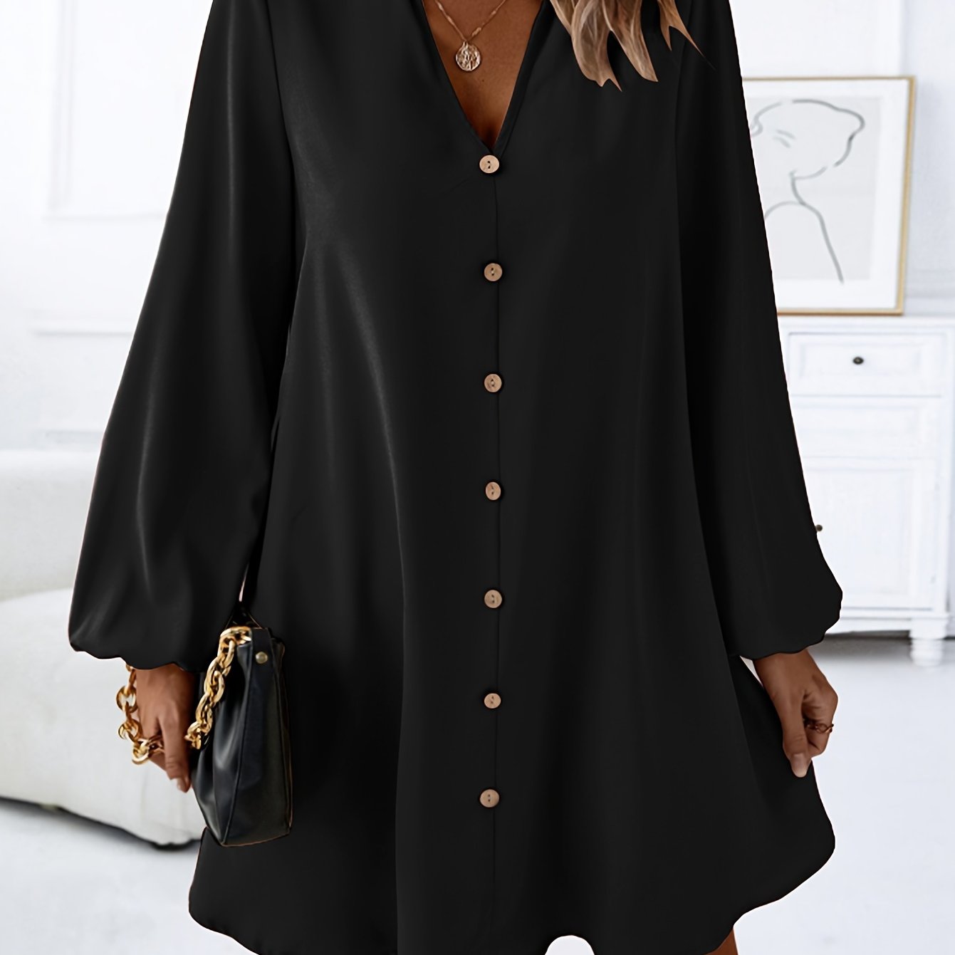 Effortlessly Chic Solid Color V-Neck Dress - Long Sleeve, Loose Fit for Spring & Fall - Stylish Womens Wardrobe Essential