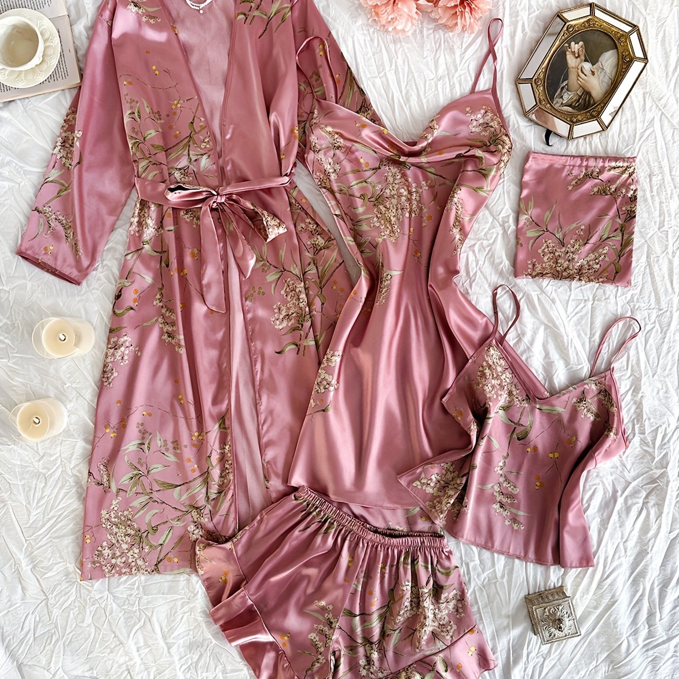 Women's Four Seasons Breathable and Comfortable Printed Nightgown and Pajama Set of 5