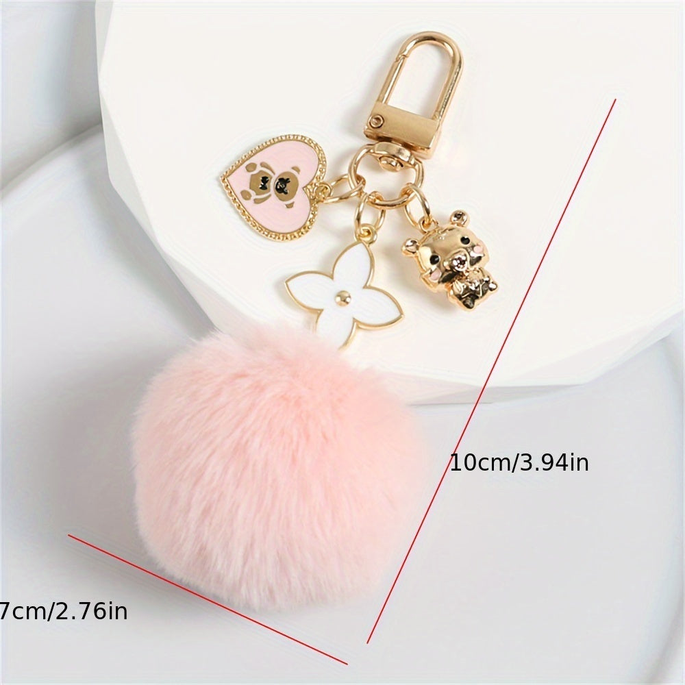 Fashion Heart and Teddy Bear Charm Keychain with Faux Fur Pom Pom, Creative Cute Wall-Mounted Key Hooks, Metallic Unfinished Style with Special Decorative Features