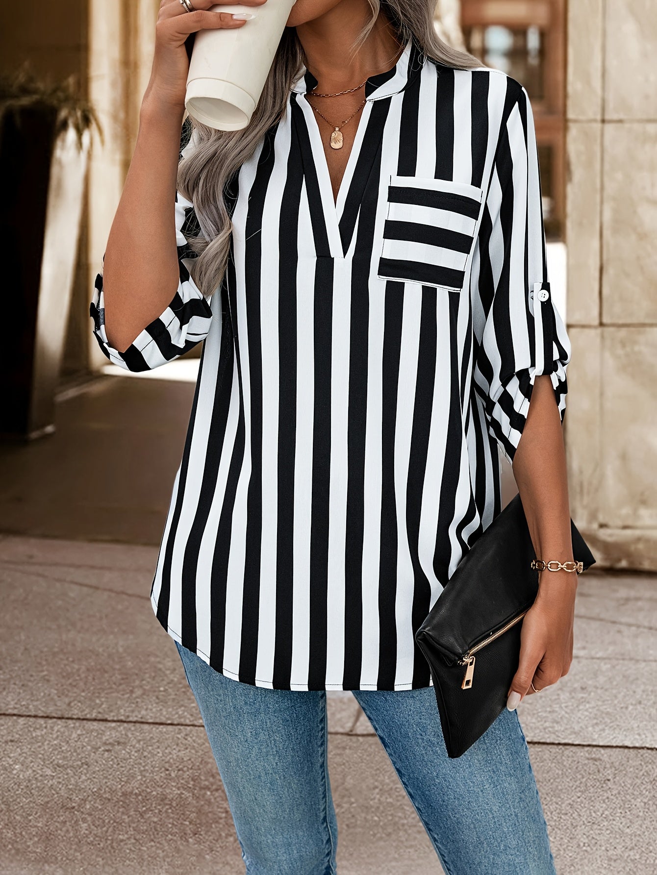 Striped Notch Neck Loose Blouse, Casual Roll-Up Sleeve Blouse for Spring & Fall, Women's Casual Tops