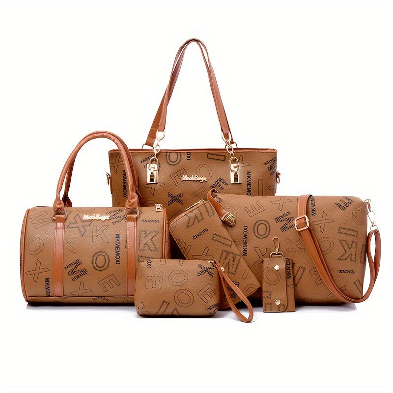 6pcs Retro Letter Print Womens Bag Set - Stylish & Versatile Tote, Boston Bag, Crossbody, Clutch, Wallet, Wristlet & Key Holder