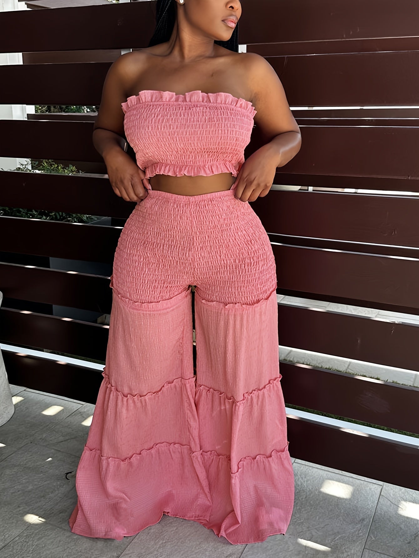 Elegant V-Neck High-Waist Wide Leg Two-Piece Set with Ruched Detail - Sexy Corset & Strapless Top, Polyester Blend, Perfect for Spring/Summer, Chic Outfit|Vneck Top|Polyester Blend