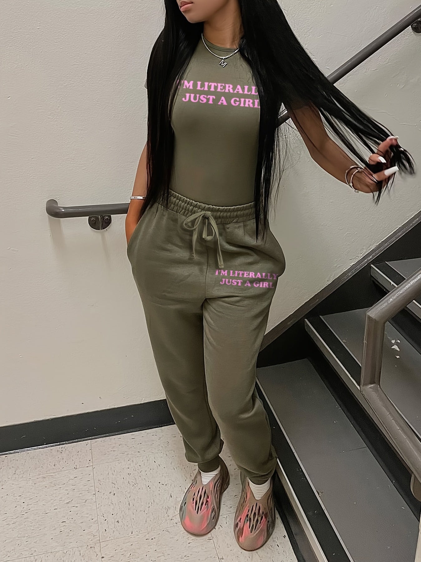 Stylish Letter Print Pants Set - Women's Clothing - Crew Neck Sleeveless Slim Fit Tank Top, Drawstring Waist Pockets Jogger Pants, Comfortable Casual Wear for Everyday, Summer Outings, and Travel