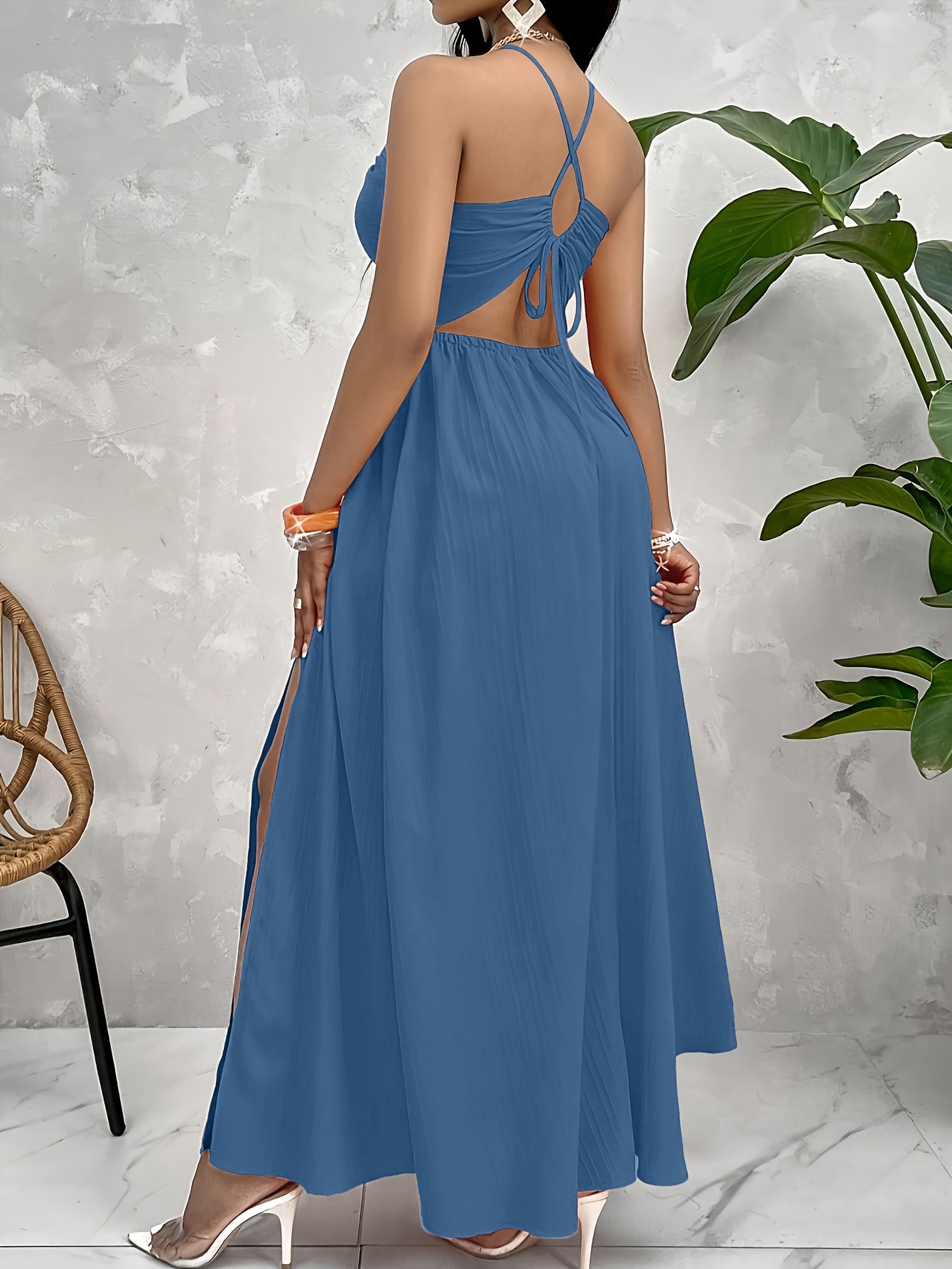 Stylish Women's Sexy Backless Split Dress - Vibrant Orange, Halter Neck, High-Waisted A-Line Cut, Polyester, Perfect for Spring/Summer, Evening Attire | Halter Neck Dress | Glossy Texture