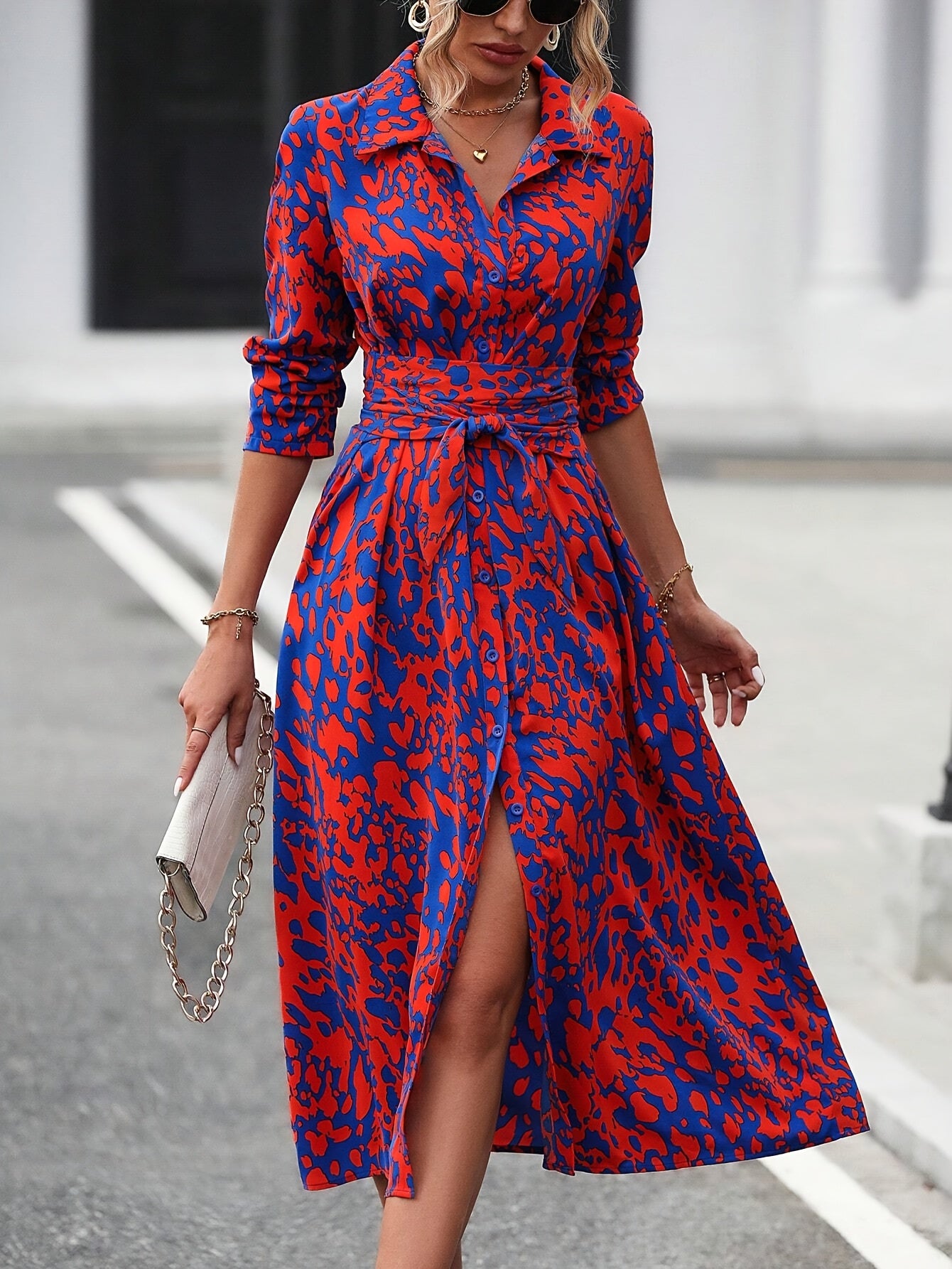 Elegant All-Over Print Shirt Dress with Belt - Long Sleeve, Button-Up Front, Red & Blue Floral Design, Polyester Fabric, Machine Washable - Women’s Fashion for Spring & Fall, Long Sleeve Dress