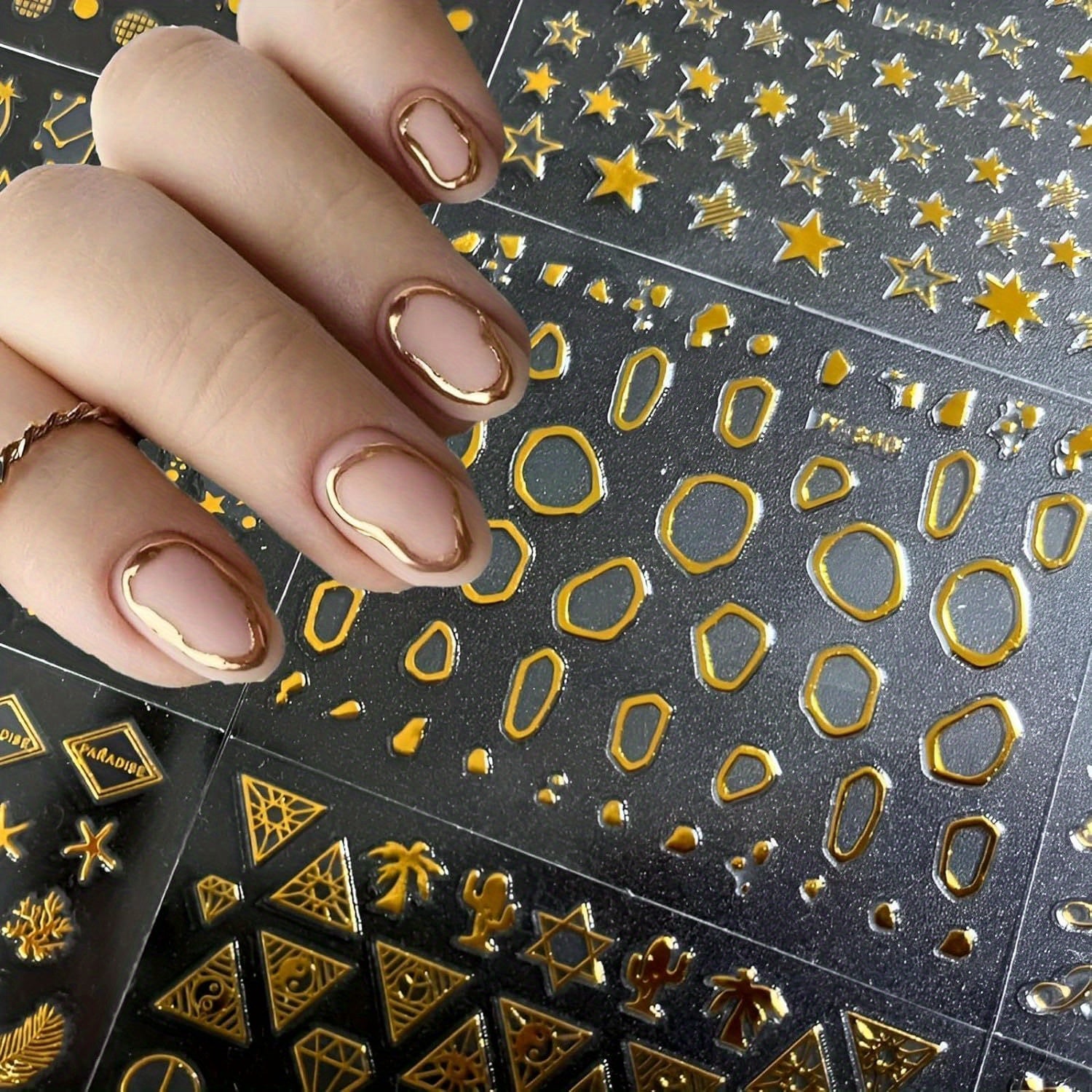 Golden Nail Art Stickers - 30 Sheets, 3D Self-Adhesive, for Acrylic Nails, Women, with Golden Line, Star, and Leaf Designs