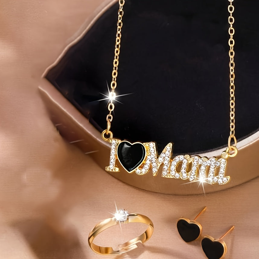 4pcs Bohemian style Women's jewelry set - "I Love Mom" pendant necklace, earrings, and ring combination, perfect for Mother's Day gifts, parties, Teacher's Day/ back to school/ graduation