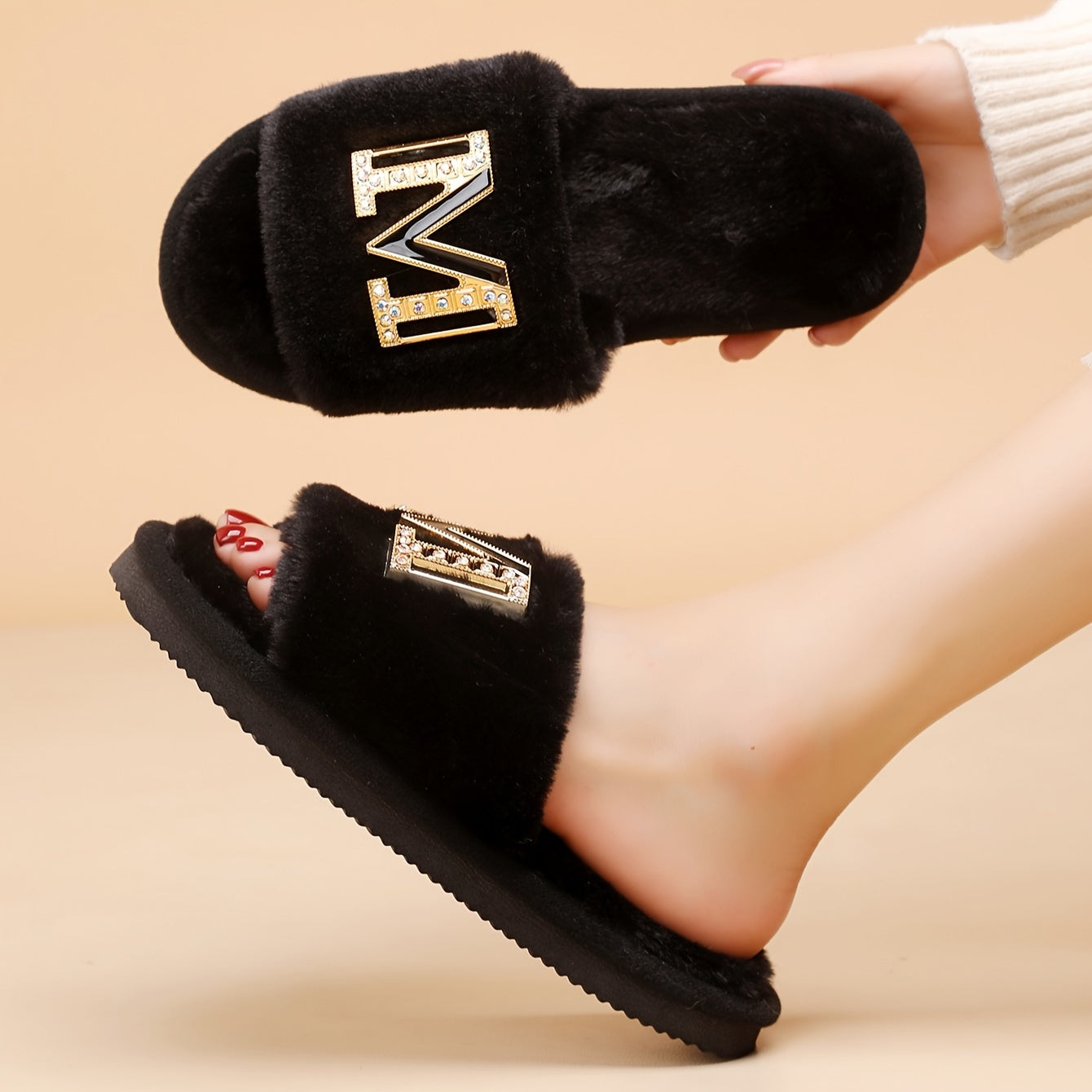 Women's Plush Slippers with Metallic "M" Design - Soft Sole, Cozy Fuzzy Fabric, Black & White Options, Comfortable Indoor Shoes for All Seasons, Ladies Slippers