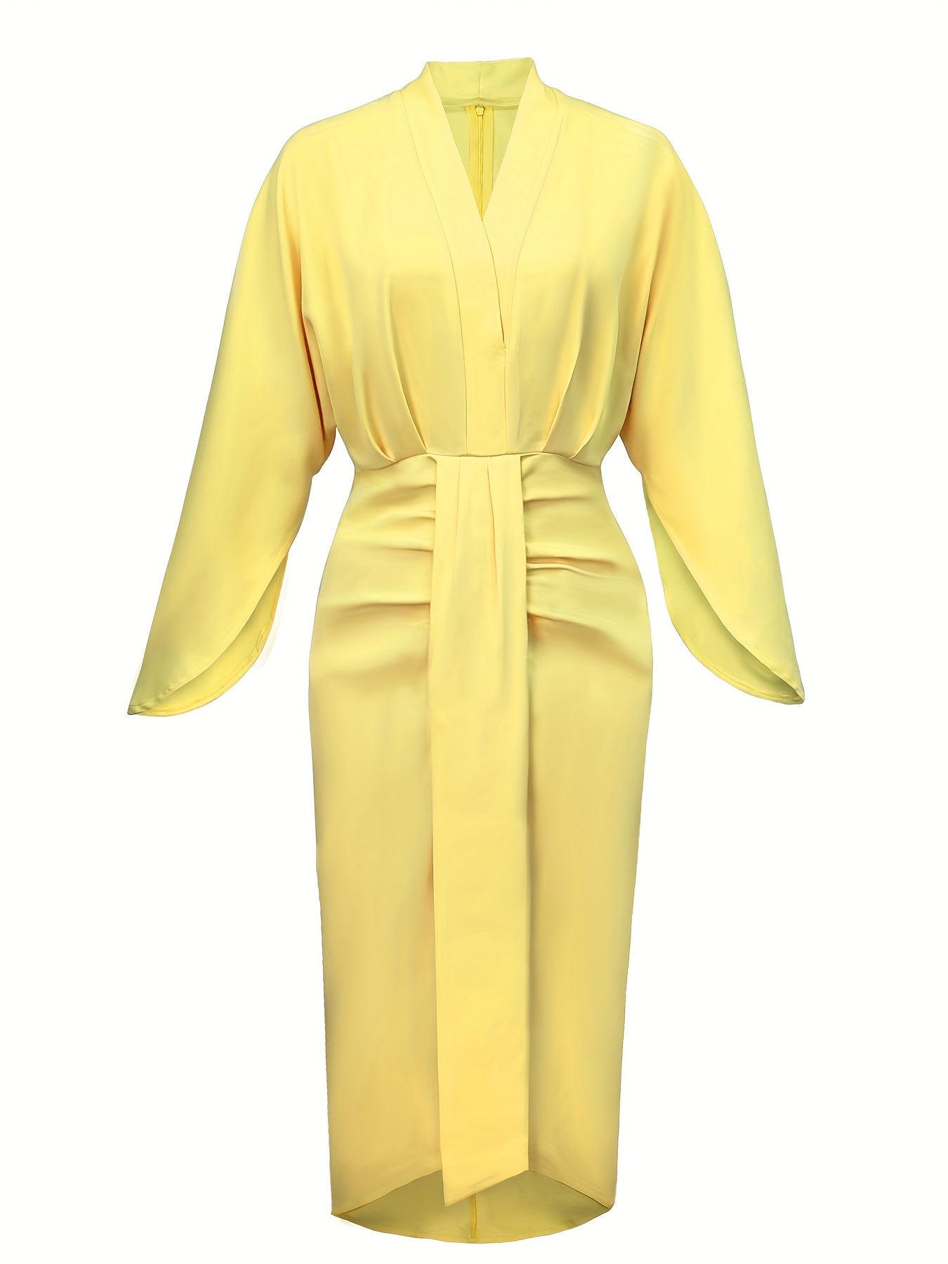 Plunge Neck Sheath Dress - Elegant Cape Sleeve Tucked Midi Dress For Spring & Summer - Women's Clothing - For Women - Suitable for Parties & Casual Occasions - Perfect Gift for Her