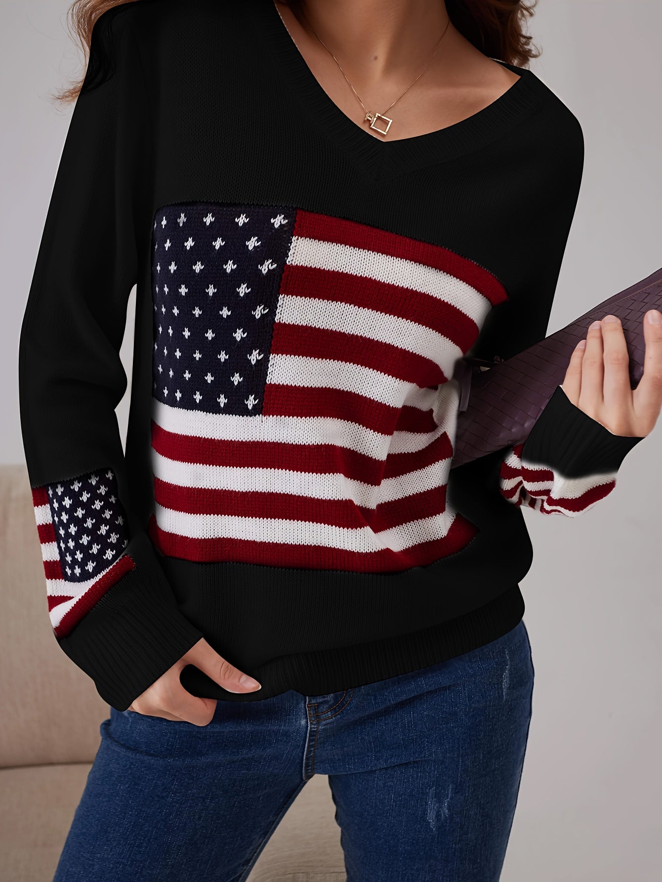 American Flag Print V Neck Sweater, Casual Long Sleeve Sweater For Spring & Fall, Women's Clothing