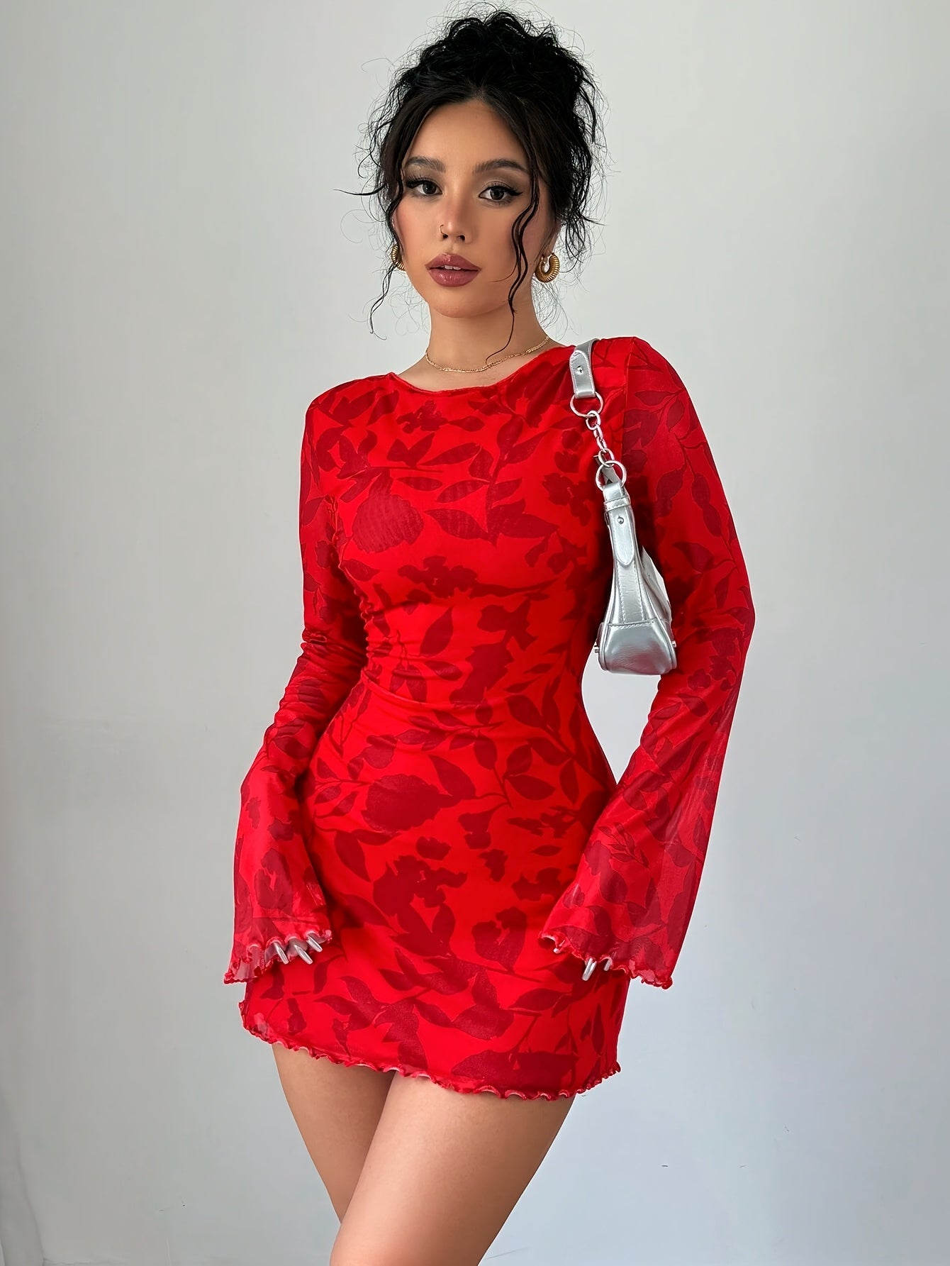 Women's Red Floral Print Backless Mini Dress with Tie Flare Sleeves - Sexy, Fashionable, Polyester, Machine Washable