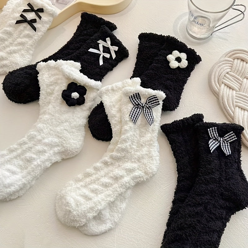 6 Pairs Women's Coral Fleece Socks, Soft Fluffy Floral Pattern, 100% Polyester Knit Fabric, Hand Washable, Autumn and Winter Casual Slippers, Cute Socks