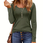 Women'S Basic Long-Sleeved Jumpsuit, Lapel Casual Shirt, Cute Crew Neck Ribbed Shirt