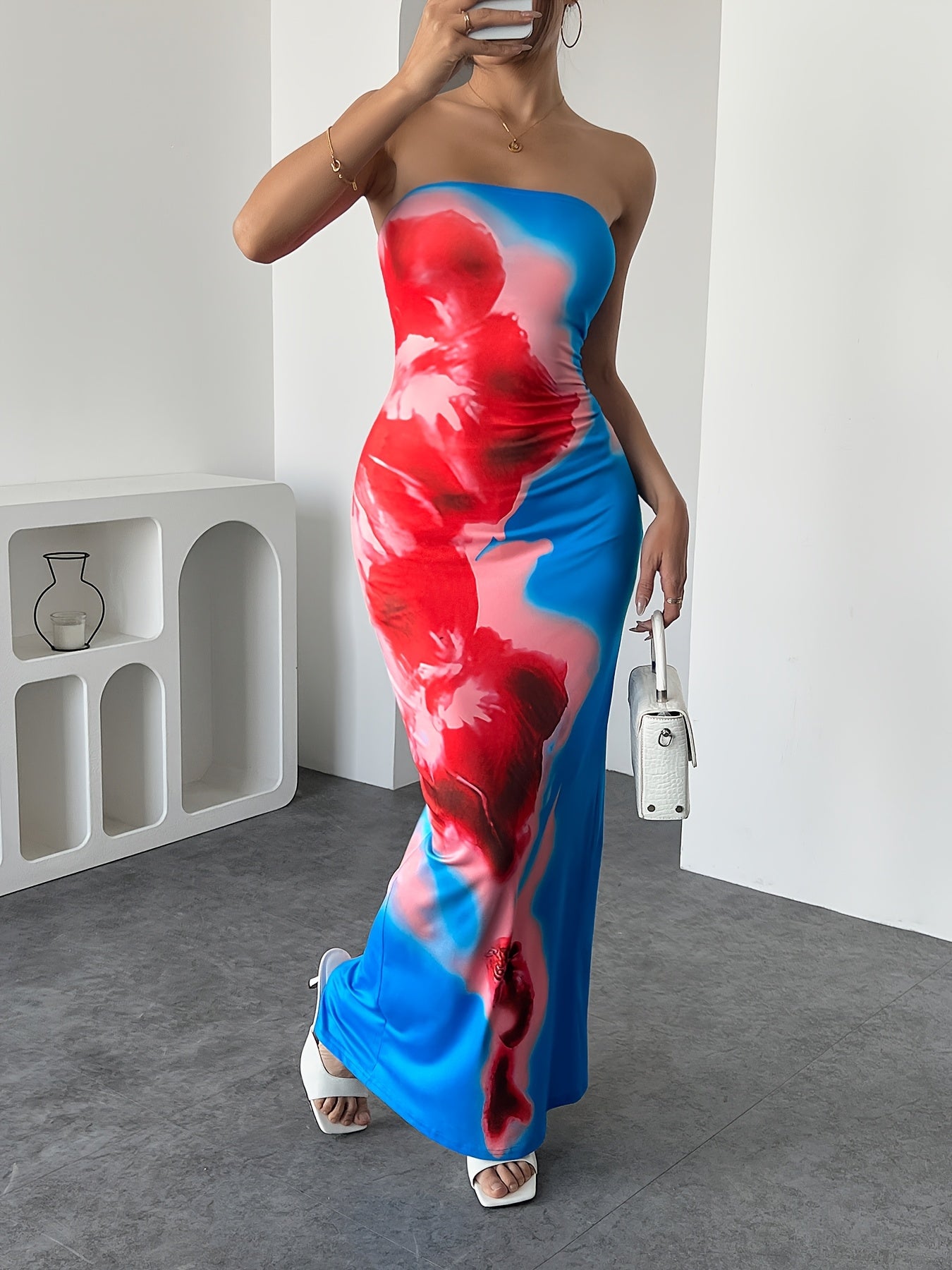 1pc Women's Romantic Floral Print Bandeau Dress, Sexy Polyester Knit Fabric with Split Detail, All-Season Strapless Maxi Dress for Adults