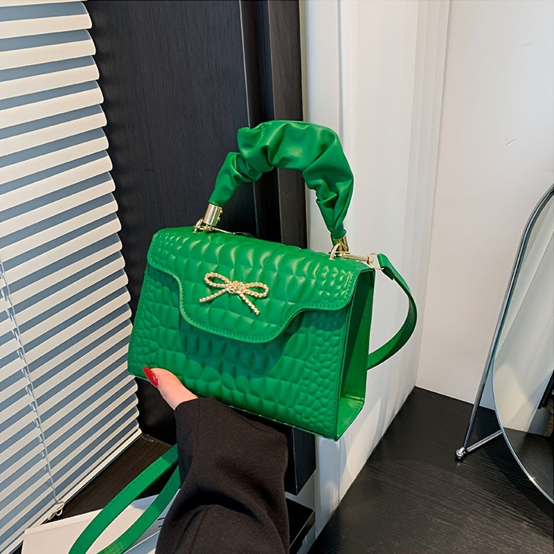 Vibrant Retro Crocodile Pattern Chic Shoulder Bag - Compact, Versatile, Fashionable, Everyday Wear with Bowknot Detail, Casual Street Style, and Chic Design - Perfect for Women's Daily Use