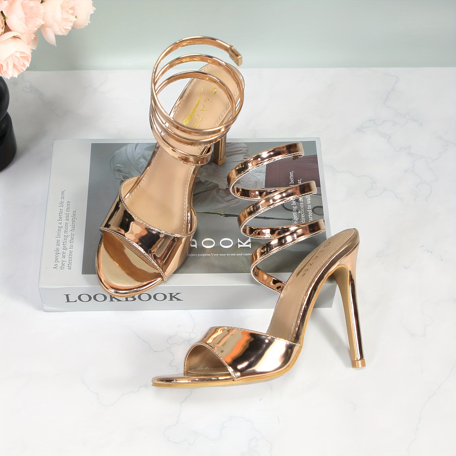 Women'S Open Toe Spiral Wrap Up Strappy High Heels Sandals, Golden Women'S Sexy Stiletto Sandals