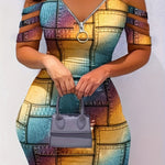 Cold Shoulder Half Zip Patchwork Print Dress, Elegant Chain Shoulder Bodycon Dress For Spring & Summer, Women's Clothing