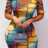 Cold Shoulder Half Zip Patchwork Print Dress, Elegant Chain Shoulder Bodycon Dress For Spring & Summer, Women's Clothing