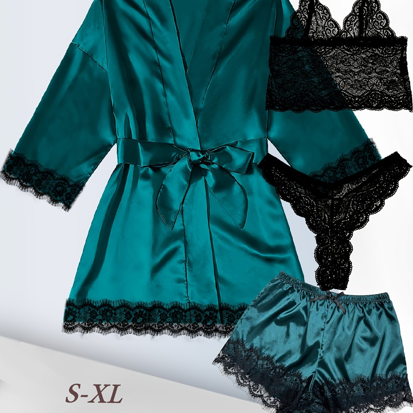 Women's Plus Sexy Lounge Set - Plus Size Satin Contrast Eyelash Lace Belted Nightgown & Camisole & Panty & Shorts With Free Eye Mask - For Women - Perfect for Lounging & Sleepwear - Ideal Gift for Her