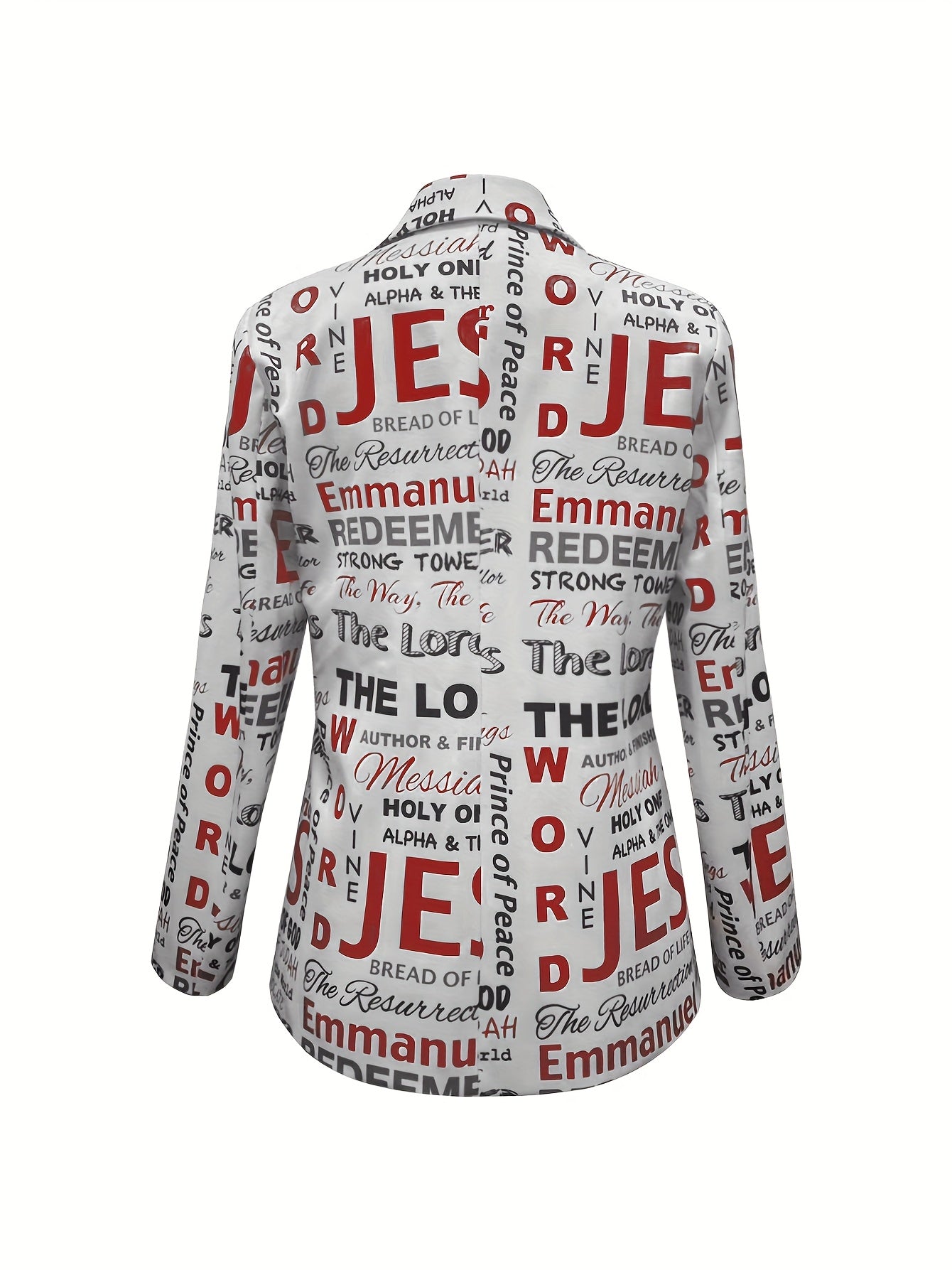 Women's Elegant Letter Print Blazer - Stylish Long Sleeve Jacket with Double-Breasted Buttons, Polyester & Spandex Blend, Perfect for Office or Casual Outfits, Spring/Fall Collection