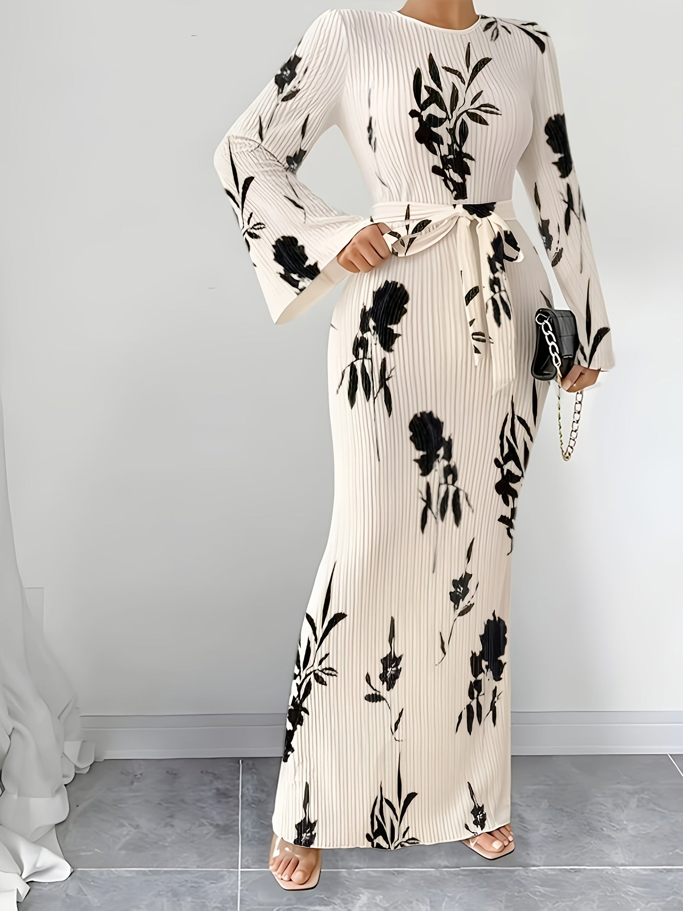 Elegant Women's Floral Maxi Dress with Pleated Fabric - Flared Long Sleeves, Round Neck, Belted Waist, Ribbed Detail - Polyester, Non-Sheer - Perfect for Fall/Winter, Stylish Layering Piece|Pleated Fabric Gown|Polyester Dress