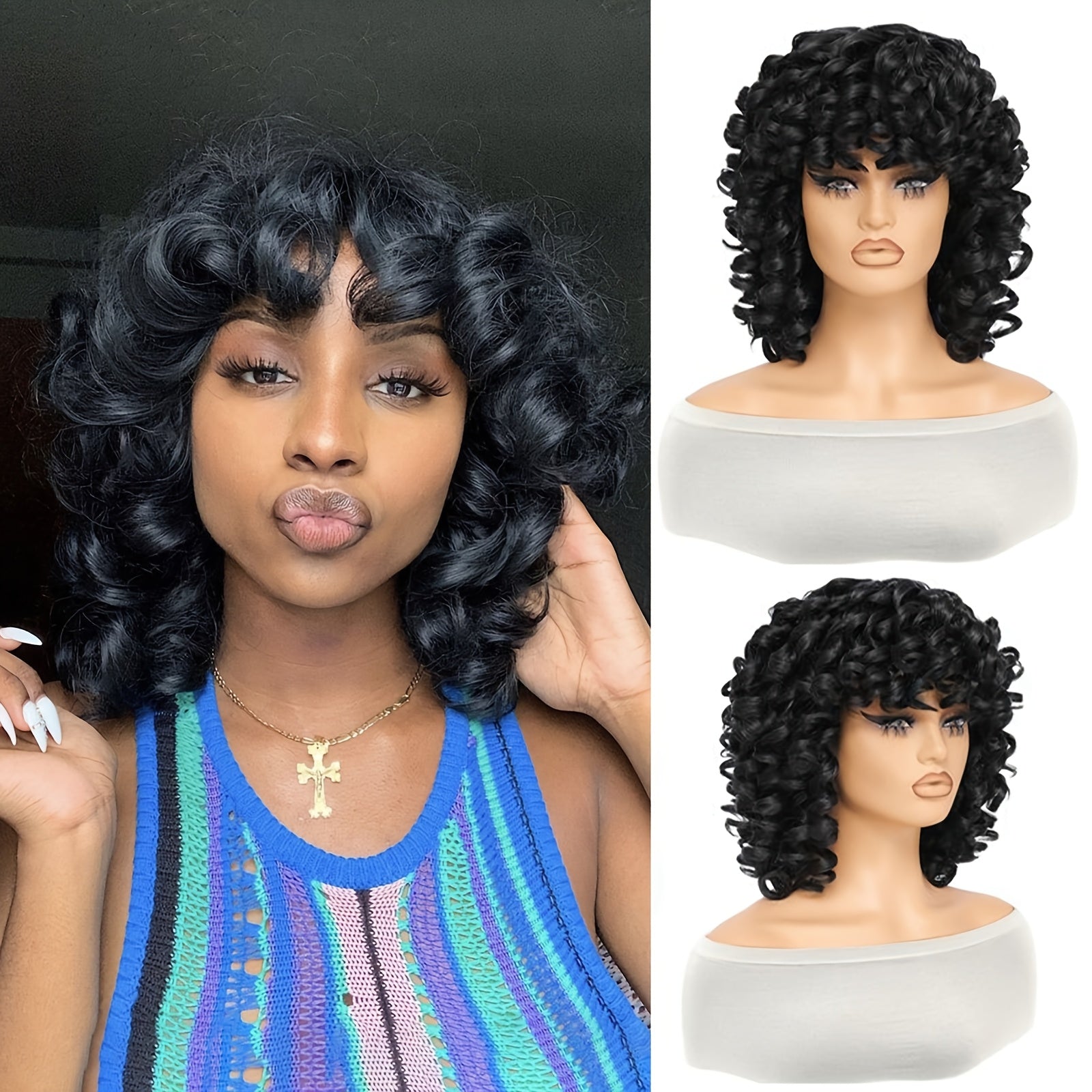 10 Inch Brazilian Virgin Human Hair Wig with Bangs - Glueless Loose Curly 200% Density Rose Net Cap Black Natural Wave Wig for, Daily Wear & Special Occasions, Highdensity Hairpiece