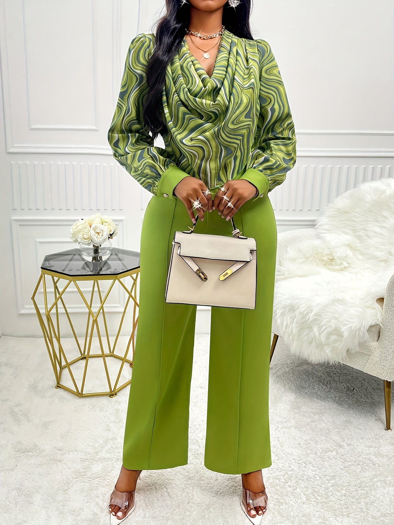 Elegant Women's Fashion Two-Piece Set: Chic Cowl Neck Top & High-Waist Pants - Polyester, Machine Washable - Perfect for Spring/Fall - For Women - Suitable for Casual Occasions - Great Gift for Fashionistas