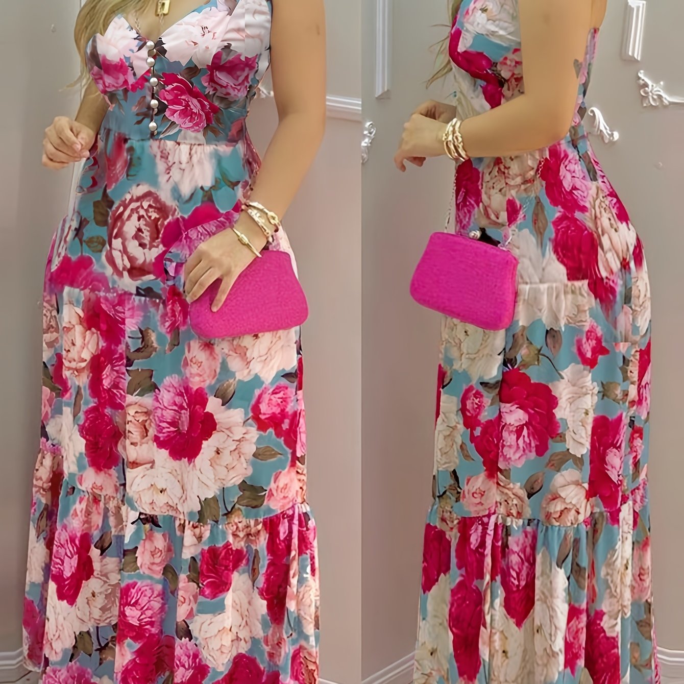 Women'S Elegant V-Neck Button Detail Pleated Maxi Dress, Summer Sleeveless Polyester 100% A-Line Flowy Dress with Print, Lightweight 113g/m² Fabric, Perfect for Adult - Woven