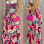 Women'S Elegant V-Neck Button Detail Pleated Maxi Dress, Summer Sleeveless Polyester 100% A-Line Flowy Dress with Print, Lightweight 113g/m² Fabric, Perfect for Adult - Woven
