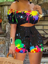 Hollow-out Design Off Shoulder Romper, Vacation Style Short Sleeve Lace Up Romper Jumpsuit For Spring & Summer, Women's Clothing