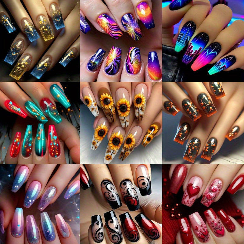 216pcs (9 PACK) Vibrant Press-On Nail Set - Long Coffin/ Almond Shape, GlossyFinish with Floral & Starry Sky Designs - Colorful, Fashionable FalseNails in Mixed Colors for All Occasions, Nail Art Supplies