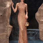 V-Neck Bodycon Long Evening Gown, Luxury Birthday Party Dress, Knit Fabric, Zipper, Solid Color, All-Season, for Adult Women