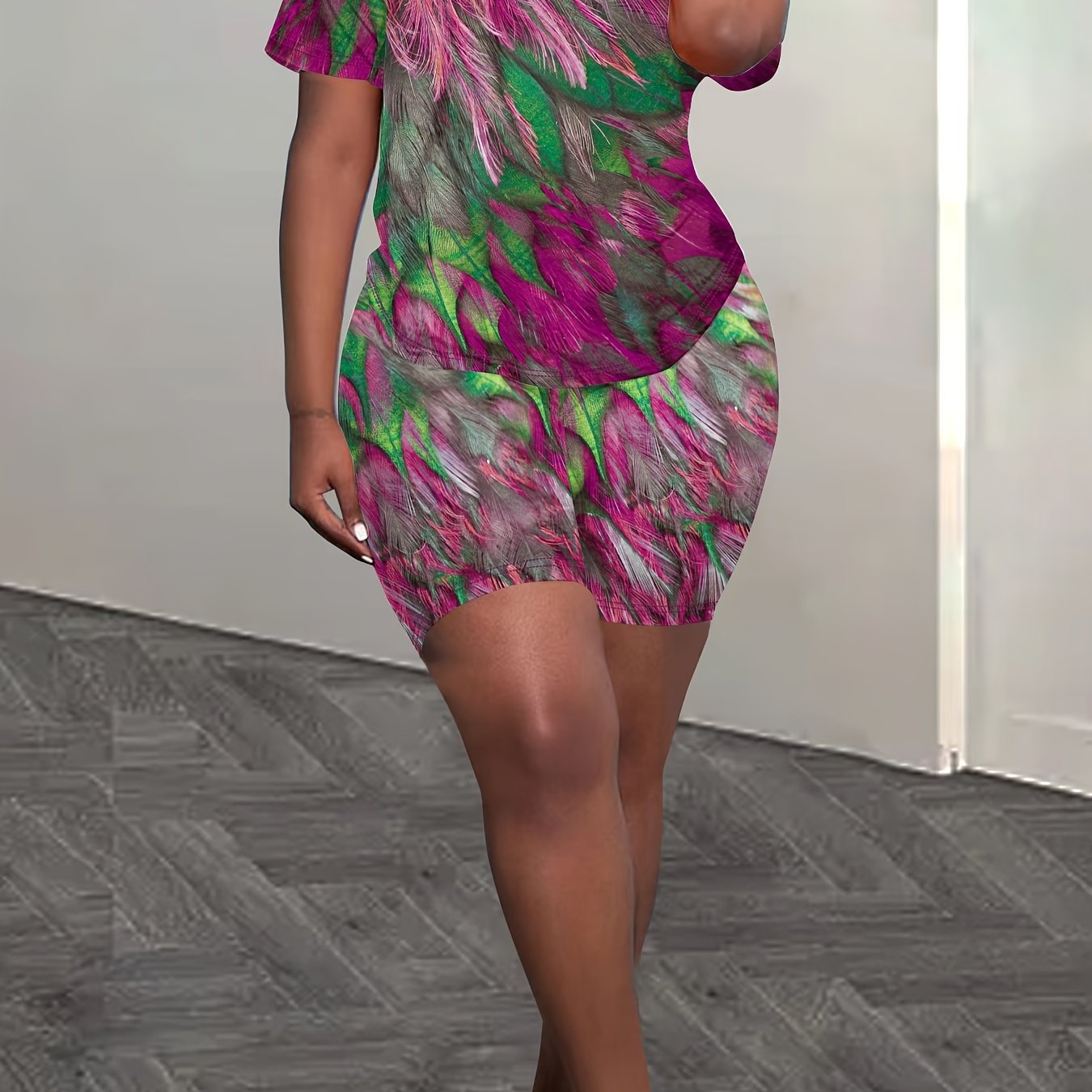 Women's Tie-dye Print Casual Top T-shirt and Tight Shorts Set Two-piece