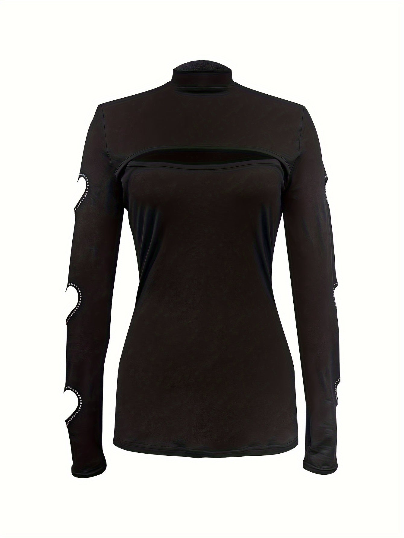 Heart Pattern Mock Neck T-Shirt, Elegant Long Sleeve Cut Out Slim Top for Spring & Fall, Women's Clothing