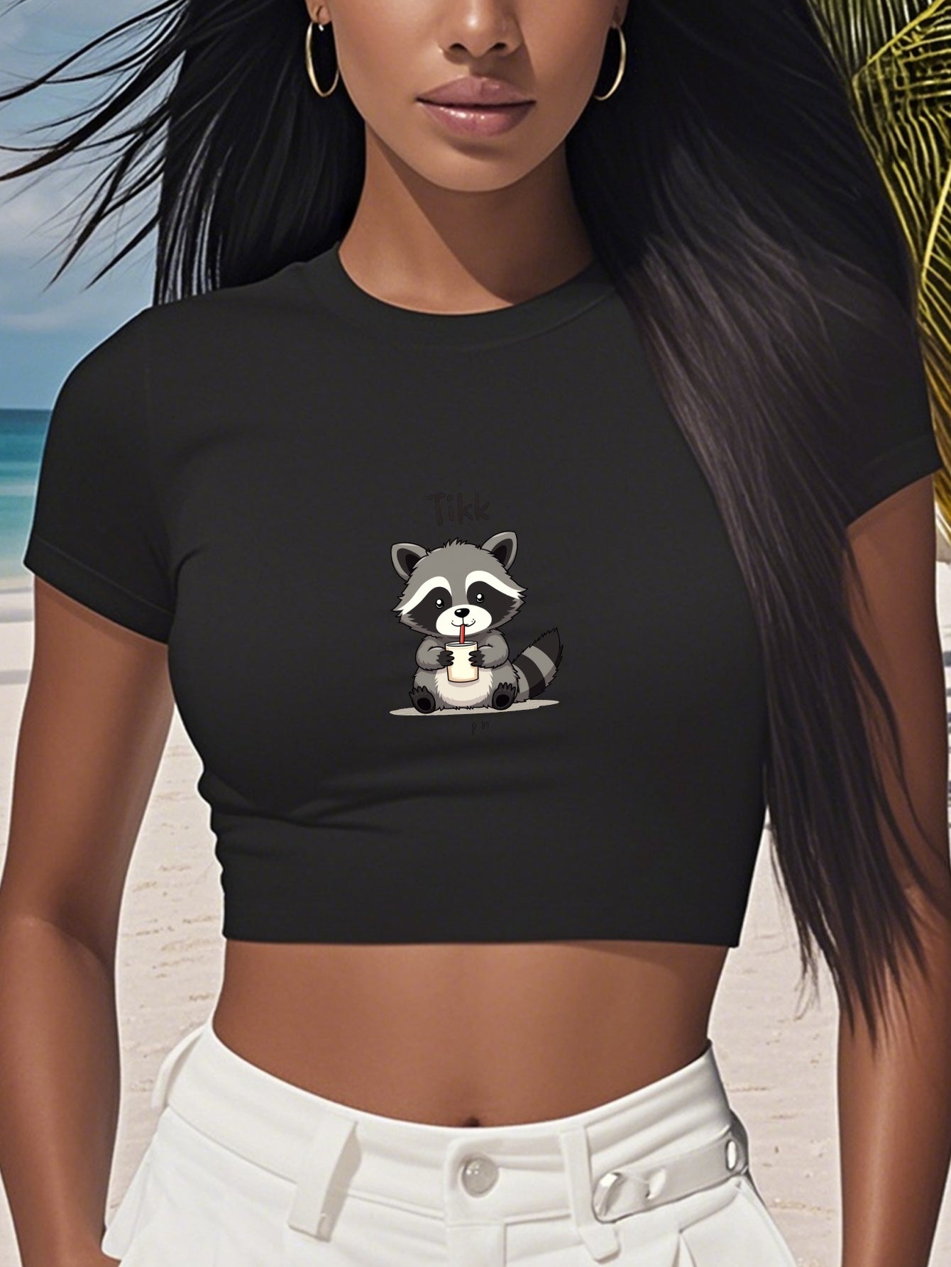 Women'S "TikTok" Graphic Raccoon Short Sleeve T-Shirt - White, Casual, All-Season Top with Round Neck, Casual Attire | Playful Print | Comfortable Fit, Raccoon Shirt