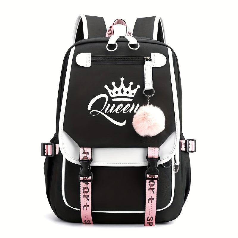 1pc Queen Print Students School Backpack - Casual, Large Capacity - Polyester Fabric - For Teen Girls & Students - Suitable for School, Travel & Daily Use - Great Gift for Back to School