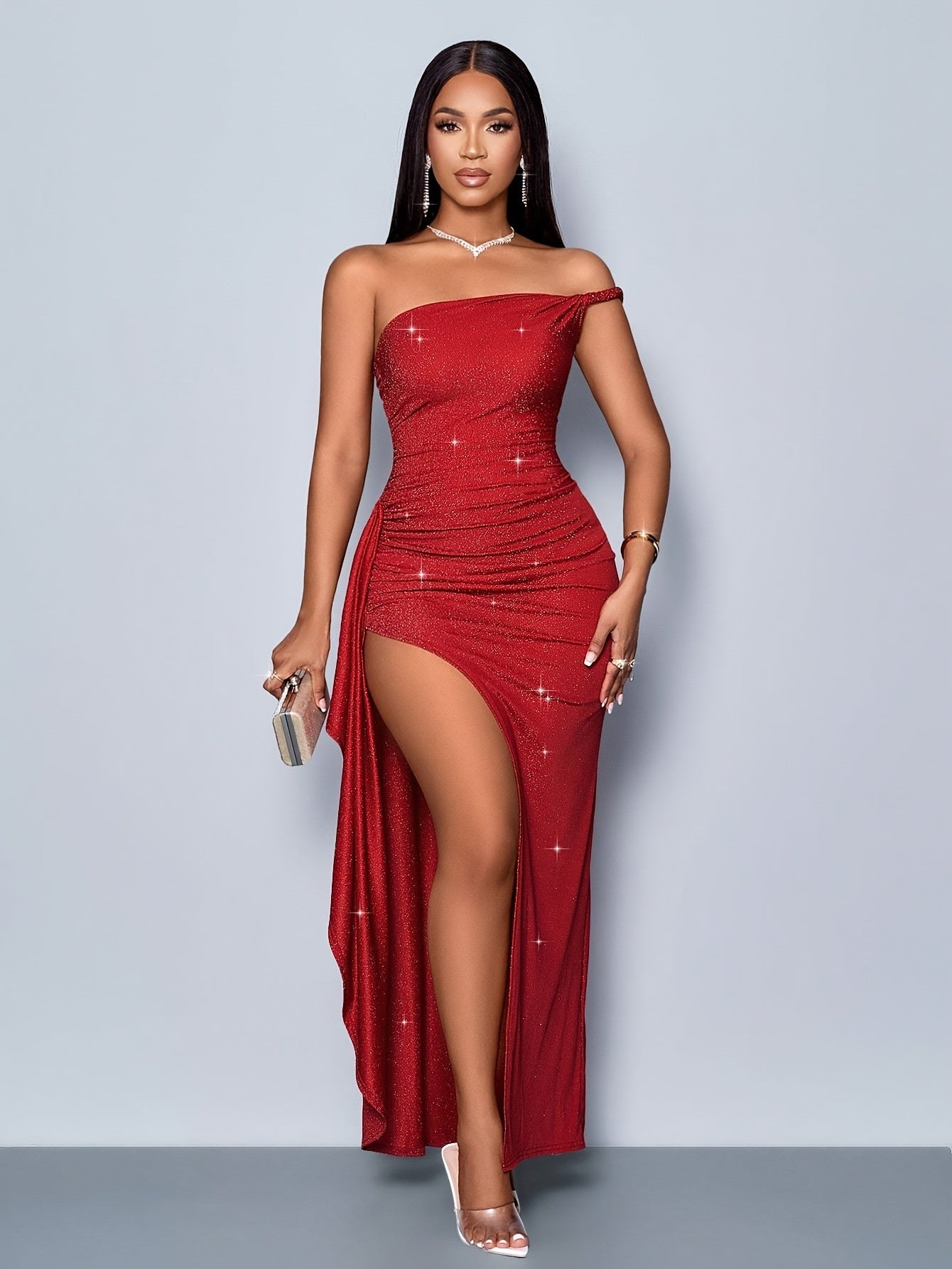 Elegant Red Off-Shoulder Glitter Gown with Asymmetrical Ruffle Hem & High Side Slit - Perfect for Parties & Special Occasions, Special Occasion Dress | Asymmetrical Design | Shimmering Fabric, Party Dress