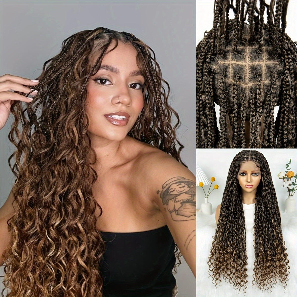 1pc Elegant Full Lace Curly Braided Wig for Women, High-Temperature Fiber, 150% Density, Full Lace Area, Versatile Long Style, Soul Goddess Collection