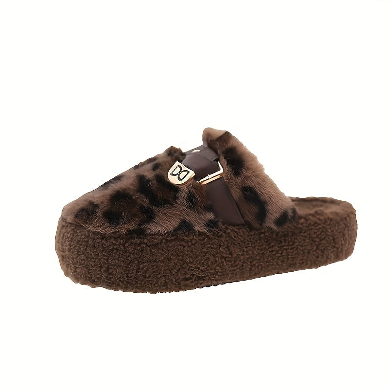 Women's Stylish Leopard Print Plush Slippers with Buckle Strap - Cozy Faux Fur-Lined Winter House Shoes, Soft Brown & Black Patterned Design, Thick Rubber Sole for Indoor Comfort, Seasonal Wear | Fashionable Footwear | Rubber