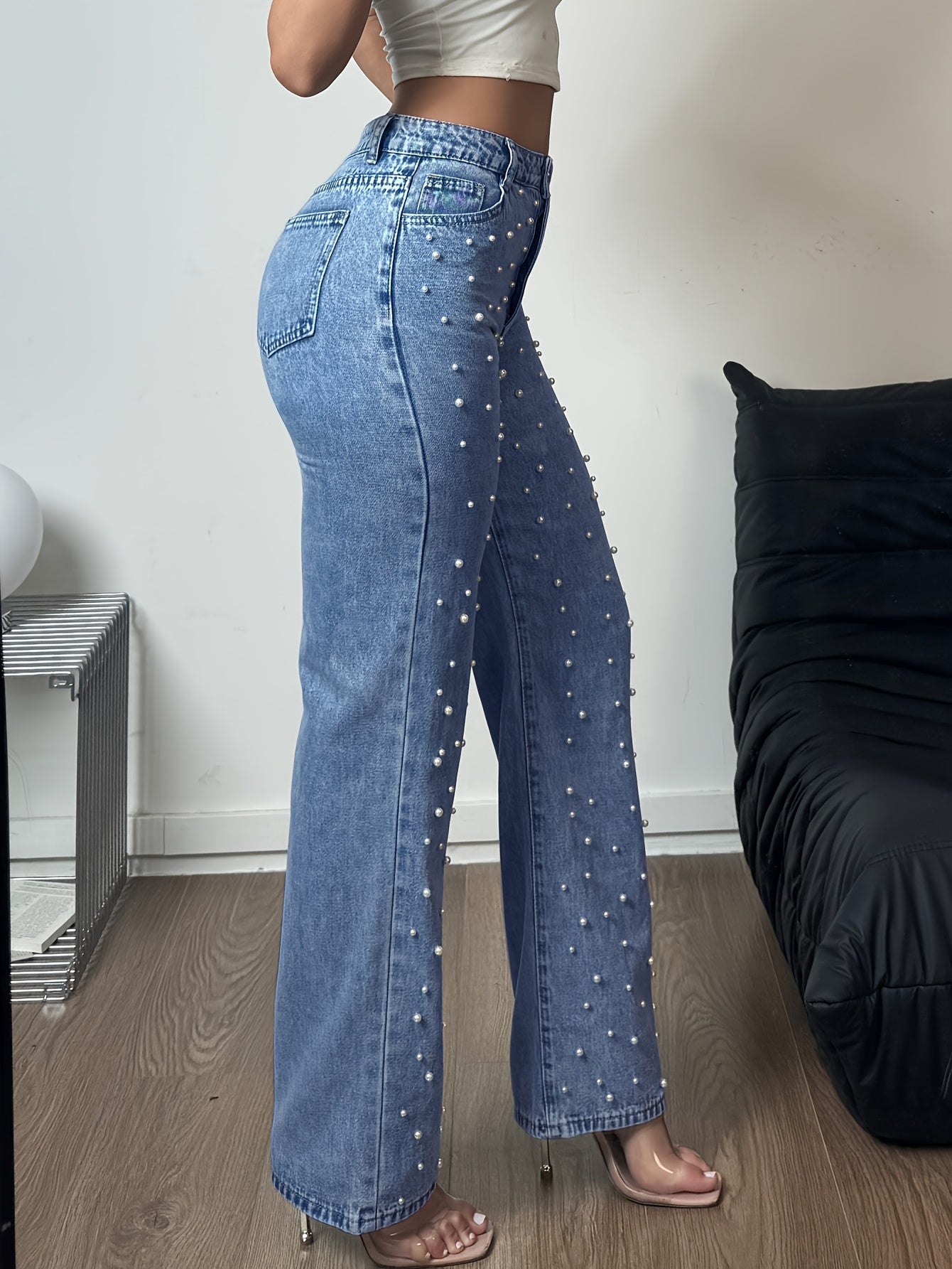 Women's Casual Straight Leg Denim Pants with Pearl Accents - Loose Fit, High-Waisted, Machine Washable, Pockets & Zipper Closure for Year-Round Wear, Party & Everyday Outfits, Straight Leg Jeans