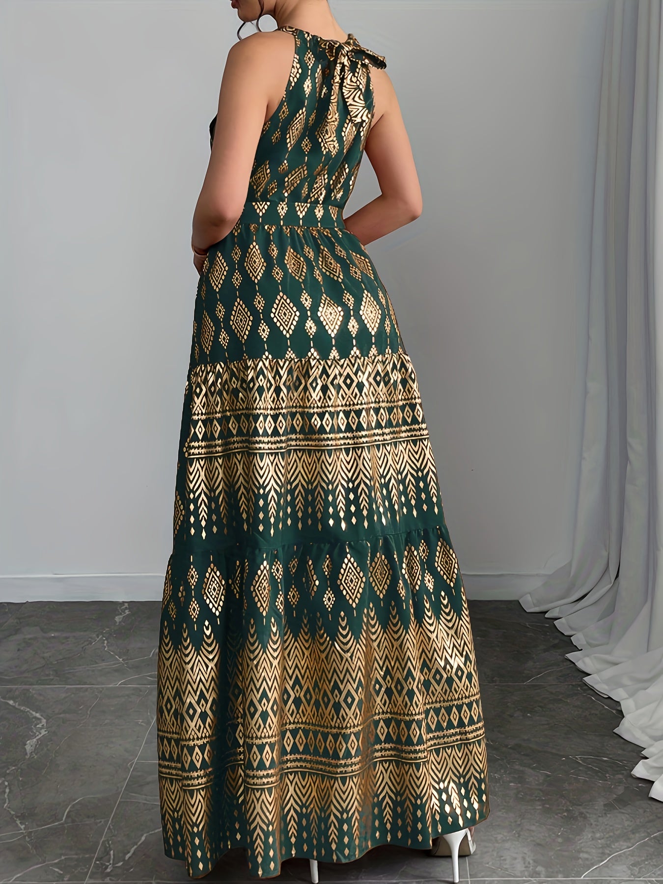 Women's Red Geometric Print Halter Neck Sleeveless A-Line Maxi Dress - Tie Waist, Vacation Style, Lightweight Polyester for Spring/Summer