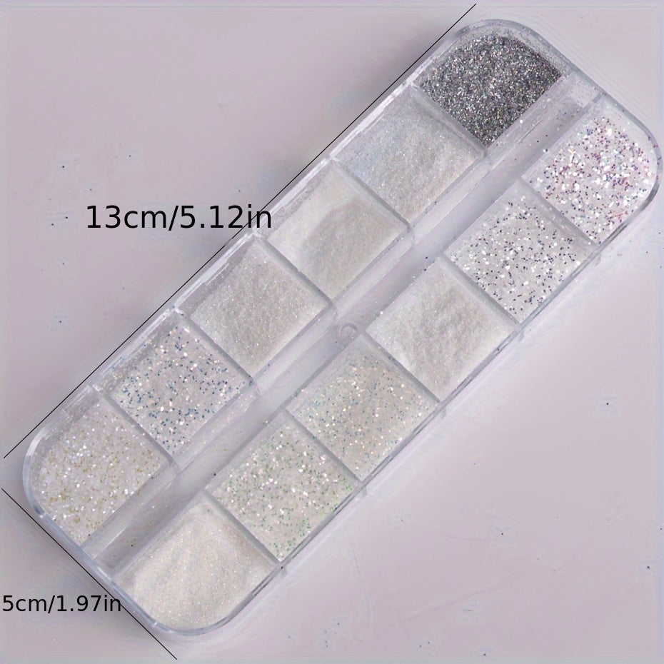 12 Grids Shiny White Sugar Nail Glitter Powder Fine Iridescent Flakes Pigment Dust Elegant Wedding Manicure Decorations