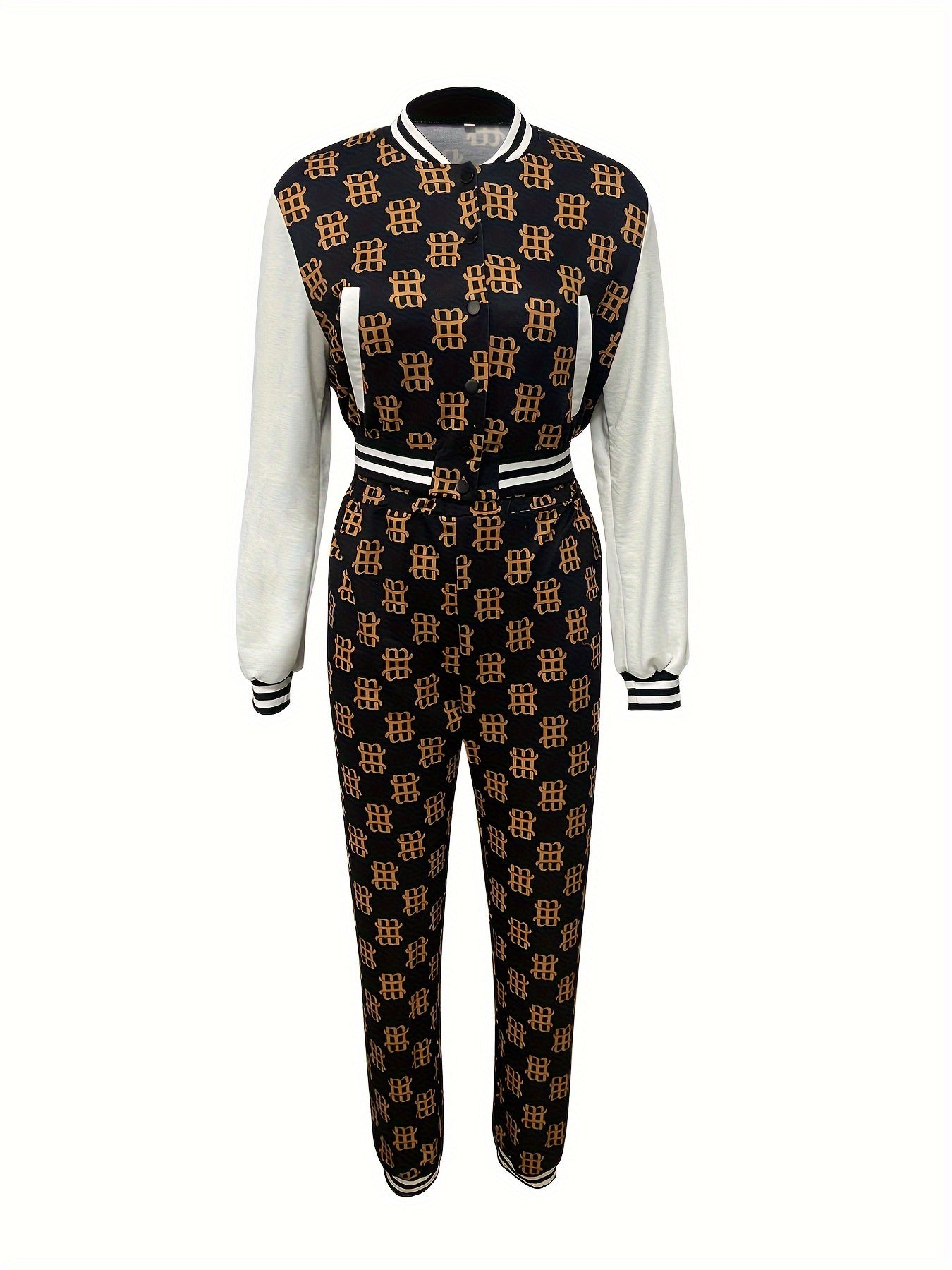 2023 new black fashion casual printed patchwork long sleeves two piecesWomen's pants suit